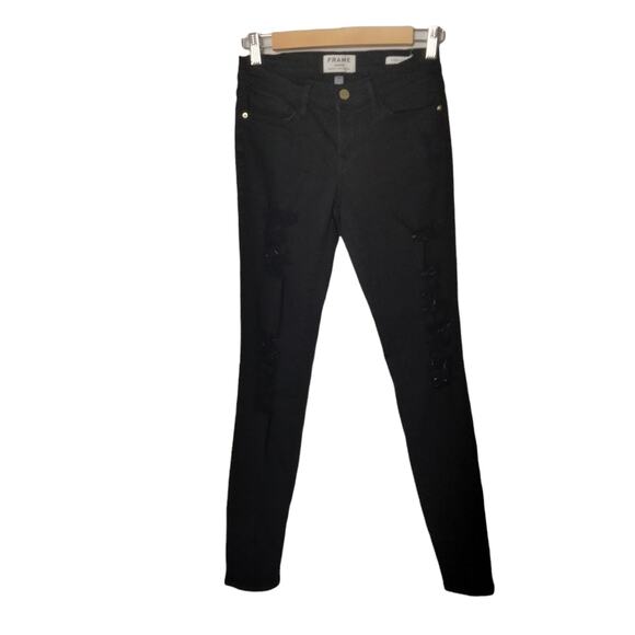 Frame Women's Sz 25 Black Jeans 'Le Skinny de Jeanne' Distressed Stretch Denim - Picture 1 of 8